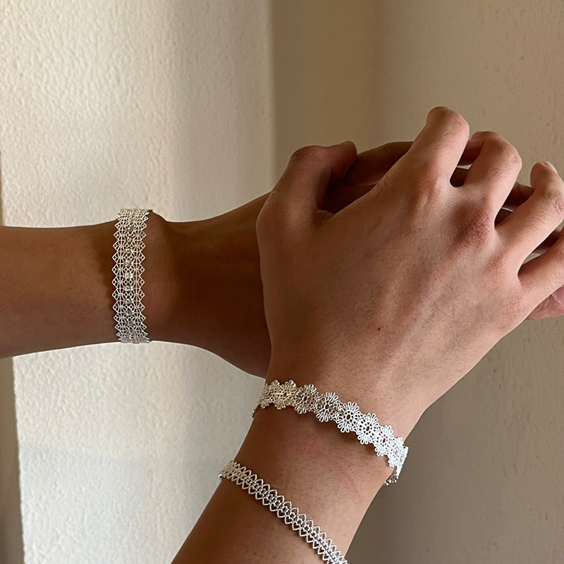 Hollow Lace Open Cuff Bracelet — silver bracelet, view 2