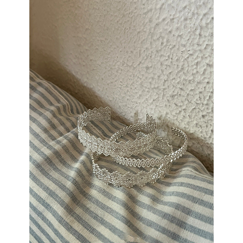 Hollow Lace Open Cuff Bracelet — silver bracelet, view 4