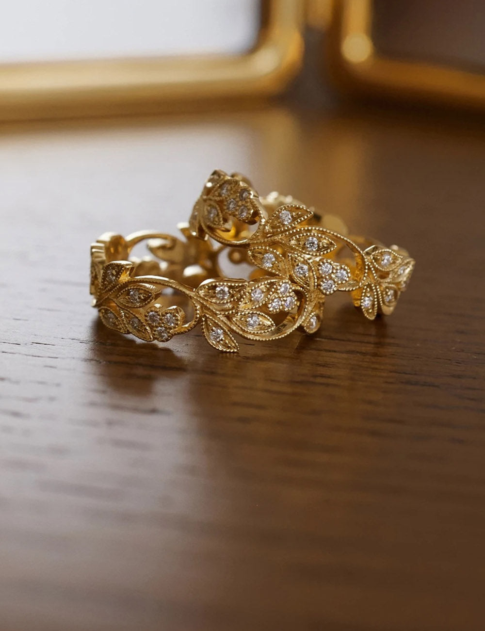 Rhinestone Leaf Hollow Ring — gold ring