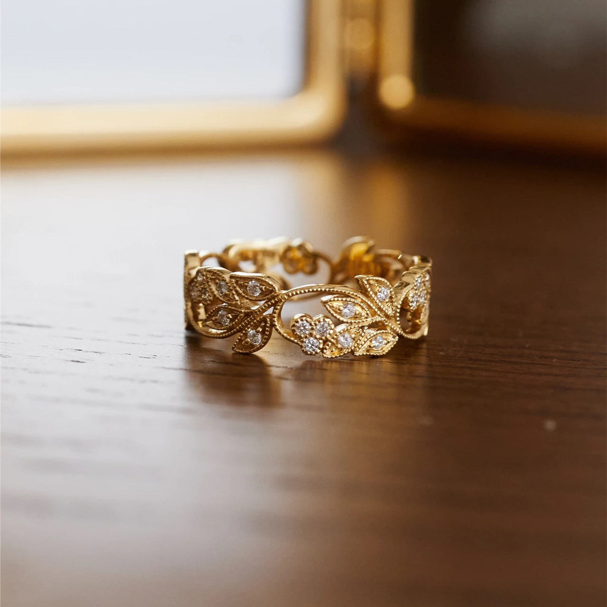 Rhinestone Leaf Hollow Ring — gold ring, view 2