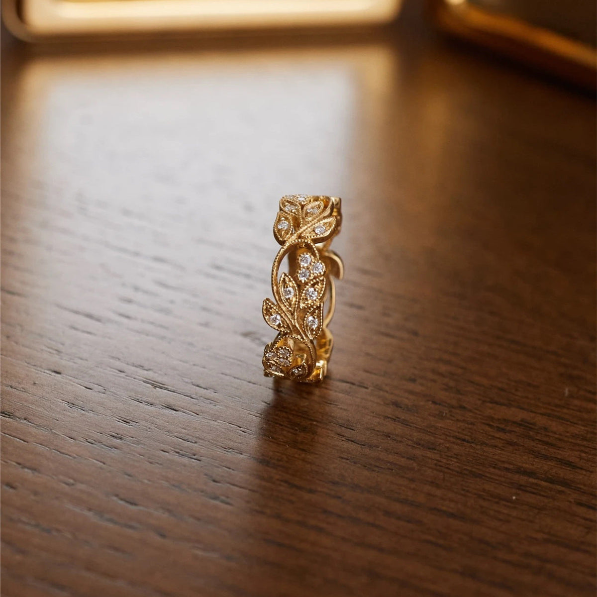 Rhinestone Leaf Hollow Ring — gold ring, view 4