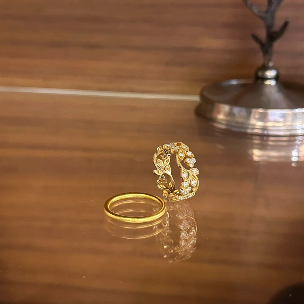Rhinestone Leaf Hollow Ring — gold ring, view 5