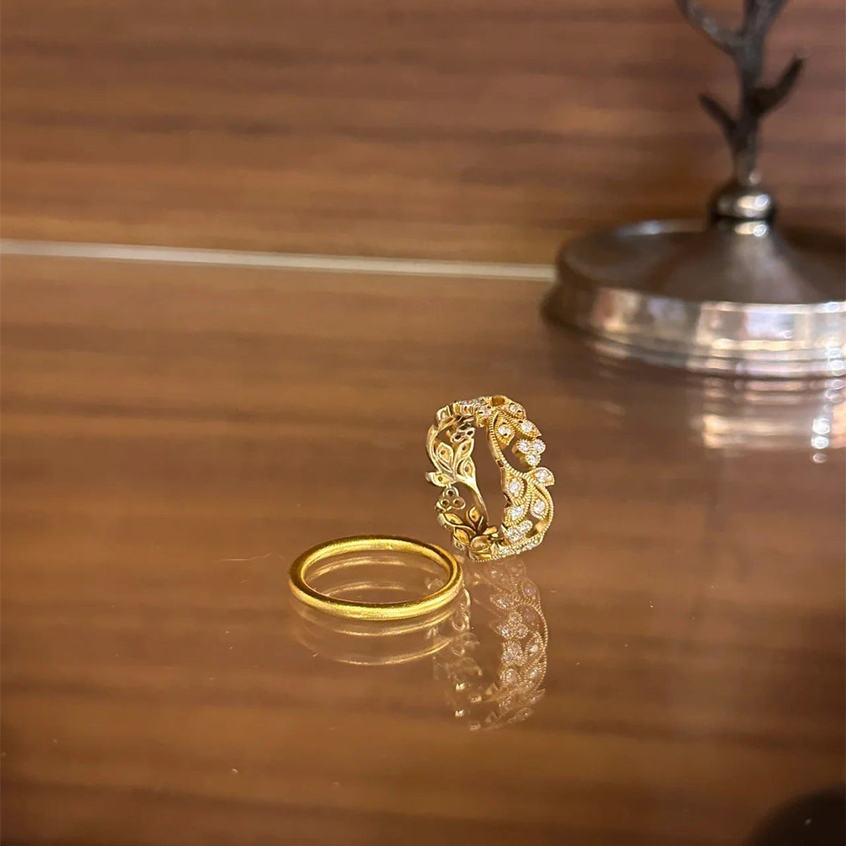 Rhinestone Leaf Hollow Ring — gold ring, view 5
