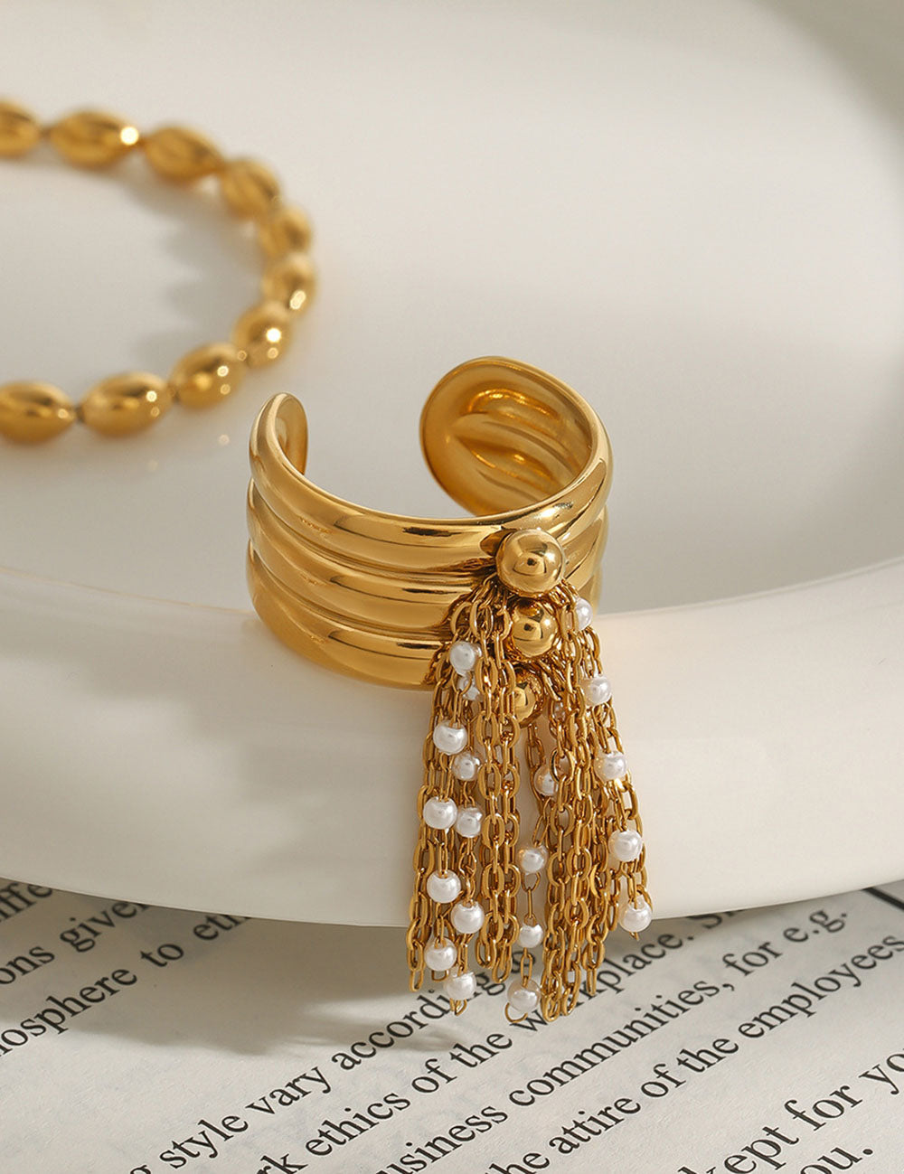 Pearl Tassel Open Ring — gold ring