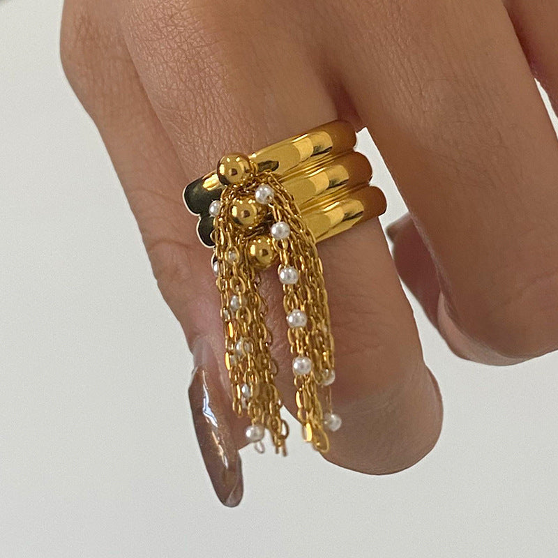 Pearl Tassel Open Ring — gold ring, view 2
