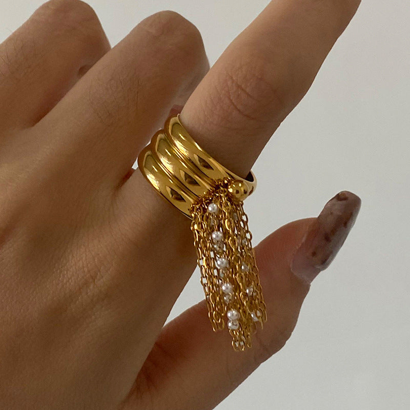 Pearl Tassel Open Ring — gold ring, view 3