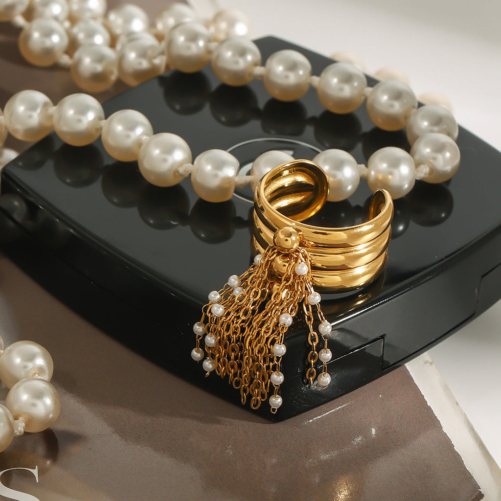Pearl Tassel Open Ring — gold ring, view 4