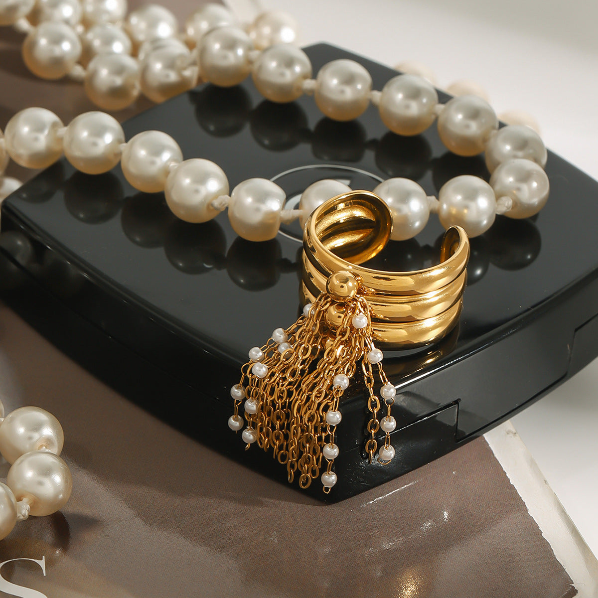 Pearl Tassel Open Ring — gold ring, view 4