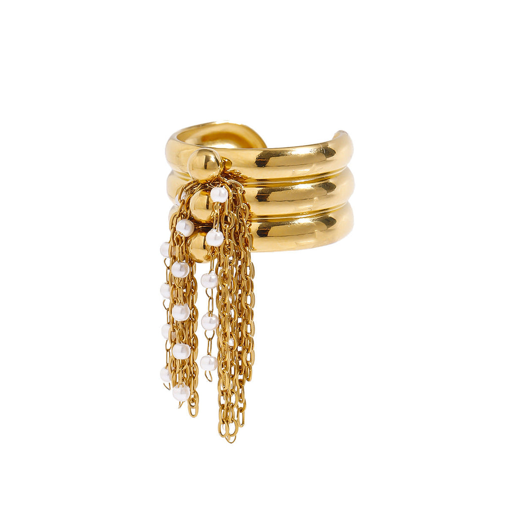 Pearl Tassel Open Ring — gold ring, view 6