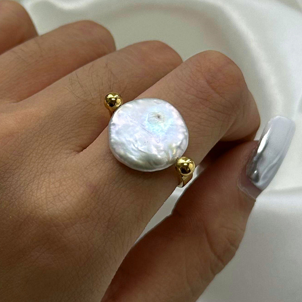 Gold-Tone Pearl Band Ring — gold ring, view 2