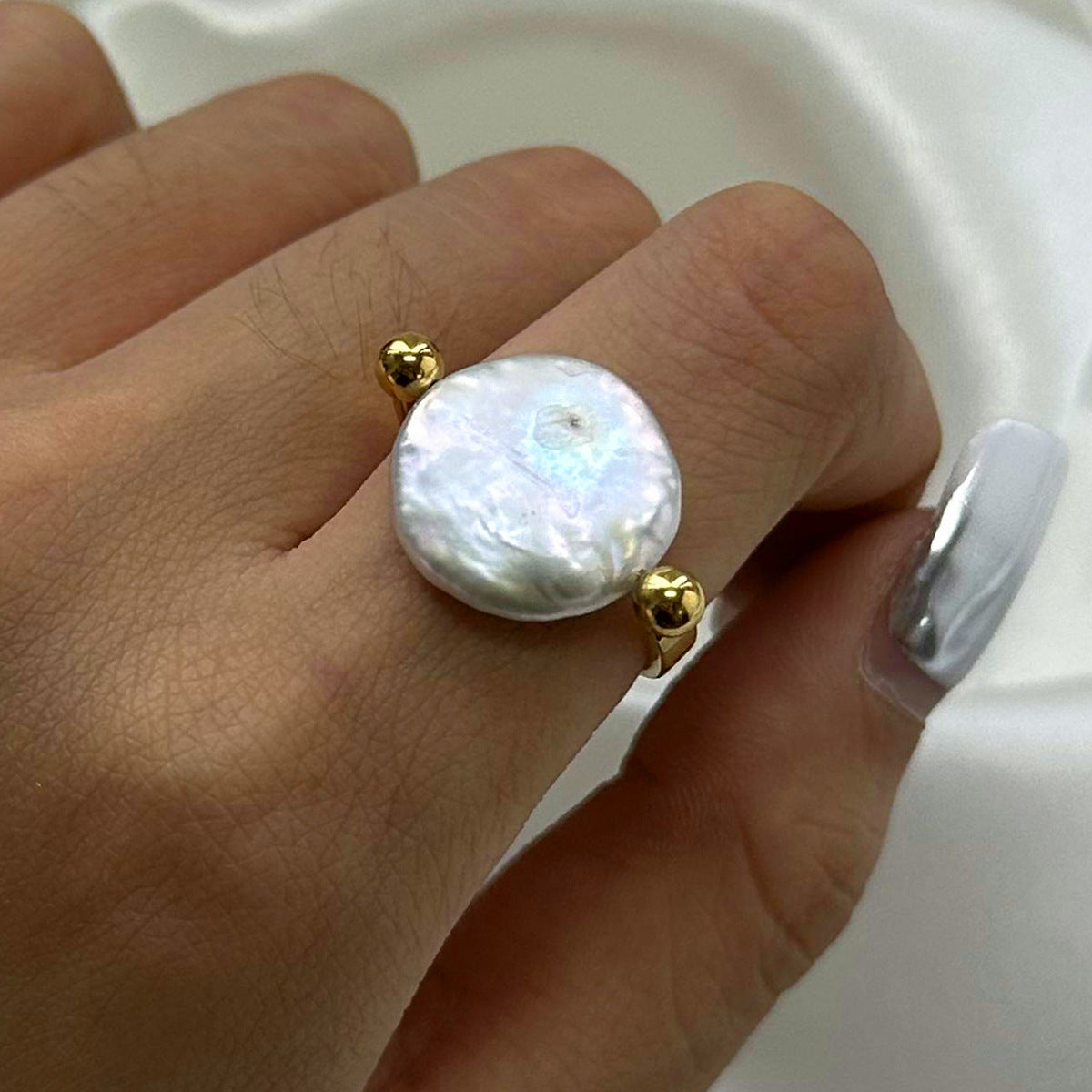 Gold-Tone Pearl Band Ring — gold ring, view 2