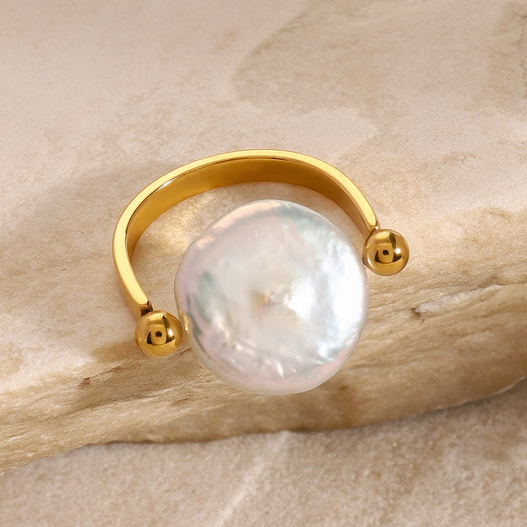 Gold-Tone Pearl Band Ring — gold ring, view 3