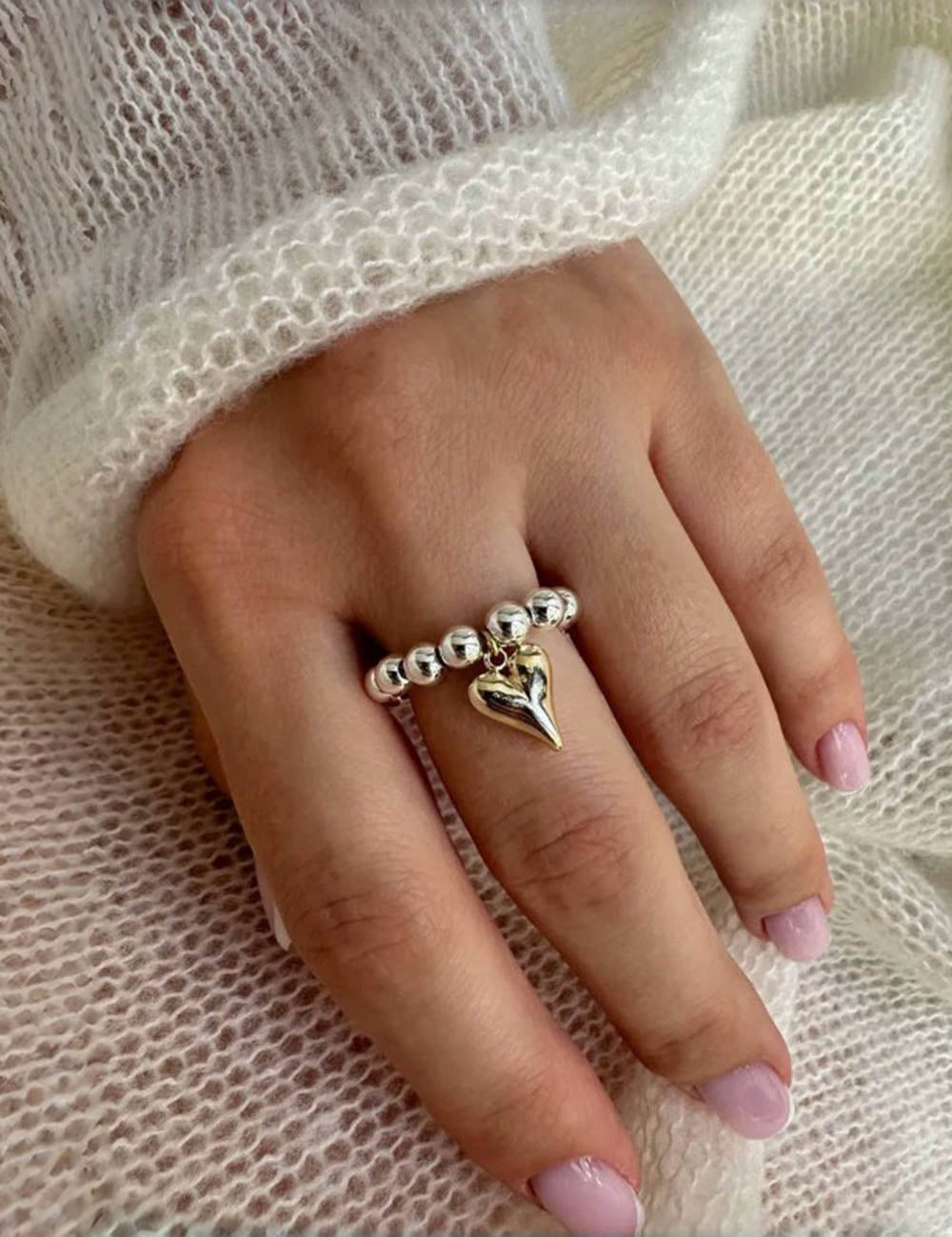Beaded Heart Pendant Elastic Ring — ring