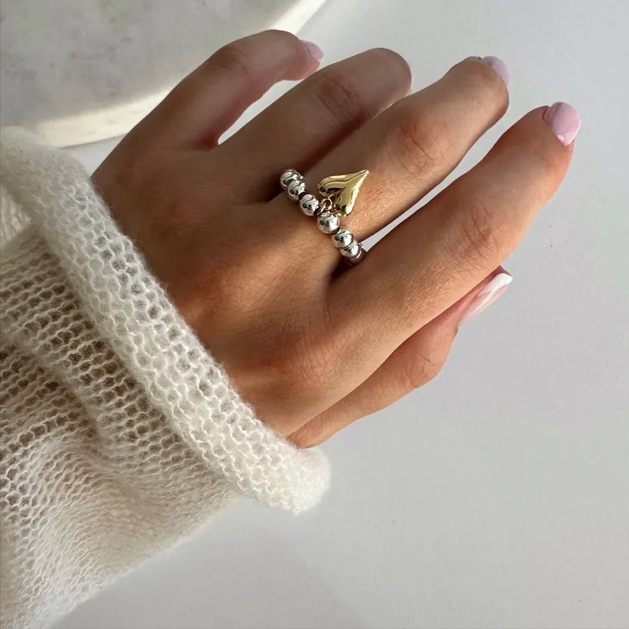 Beaded Heart Pendant Elastic Ring — ring, view 2