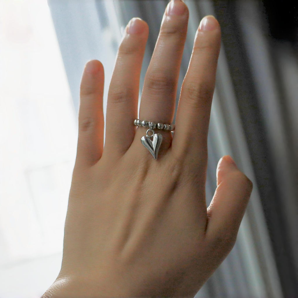 Beaded Heart Pendant Elastic Ring — ring, view 3