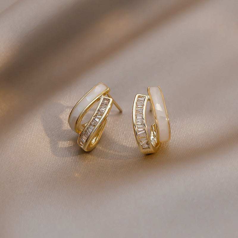 Double-Layer Shell Stud Earrings — gold earrings, view 3