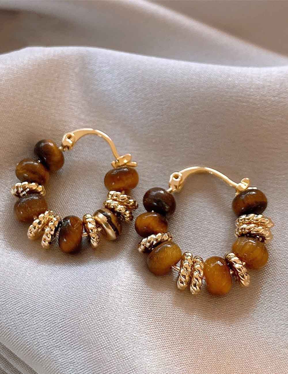 Tiger Eye Bead Hoop Earrings — brown earrings