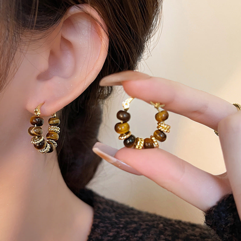 Tiger Eye Bead Hoop Earrings — brown earrings, view 2