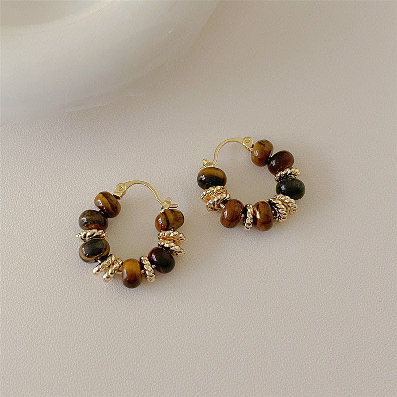 Tiger Eye Bead Hoop Earrings — brown earrings, view 3