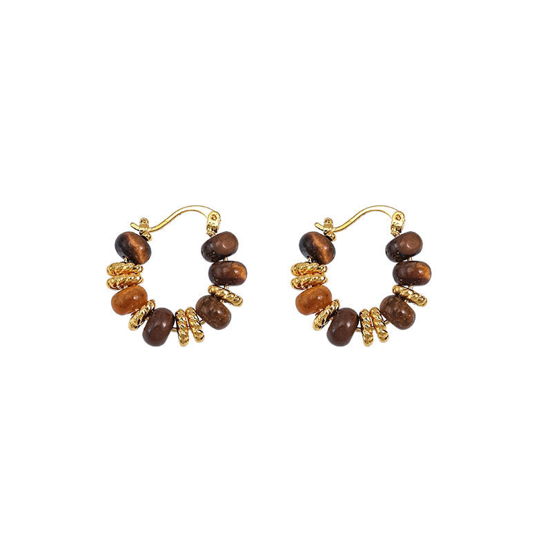 Tiger Eye Bead Hoop Earrings — brown earrings, view 4