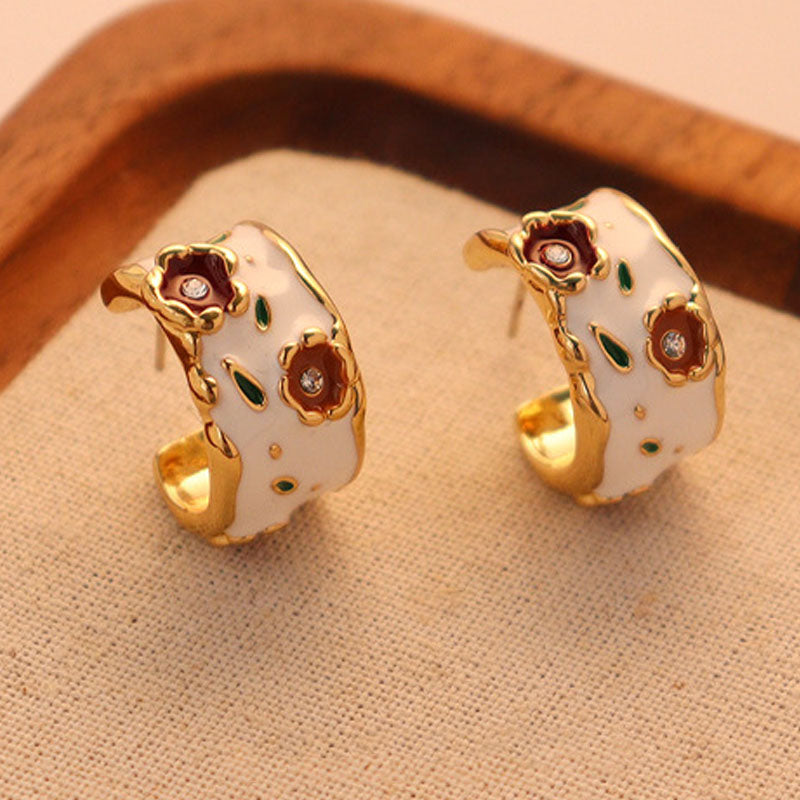 Red Flower Drip-Glaze Hoops — gold earrings, view 2