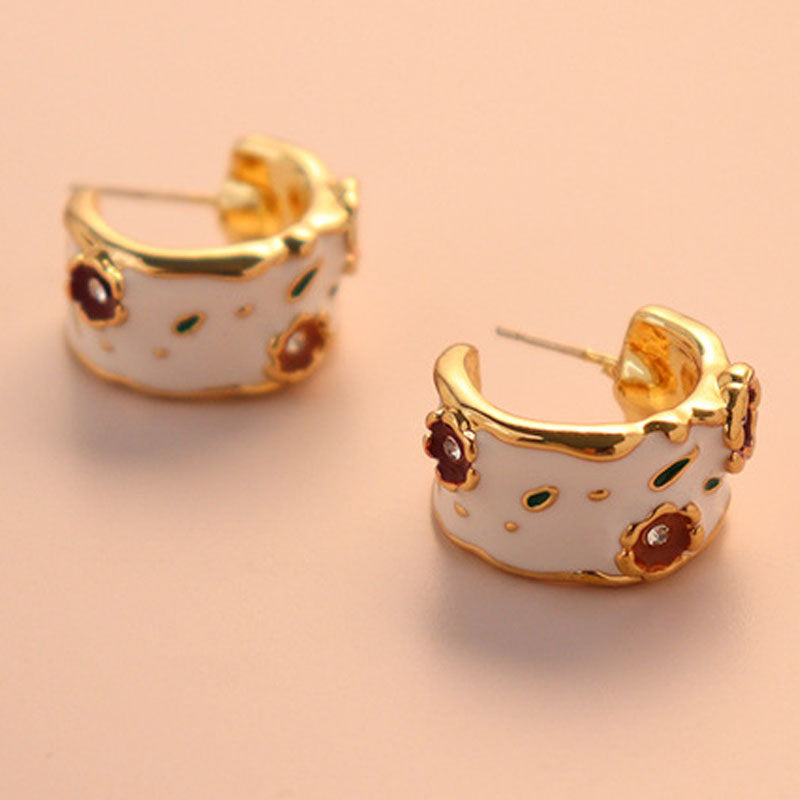 Red Flower Drip-Glaze Hoops — gold earrings, view 3