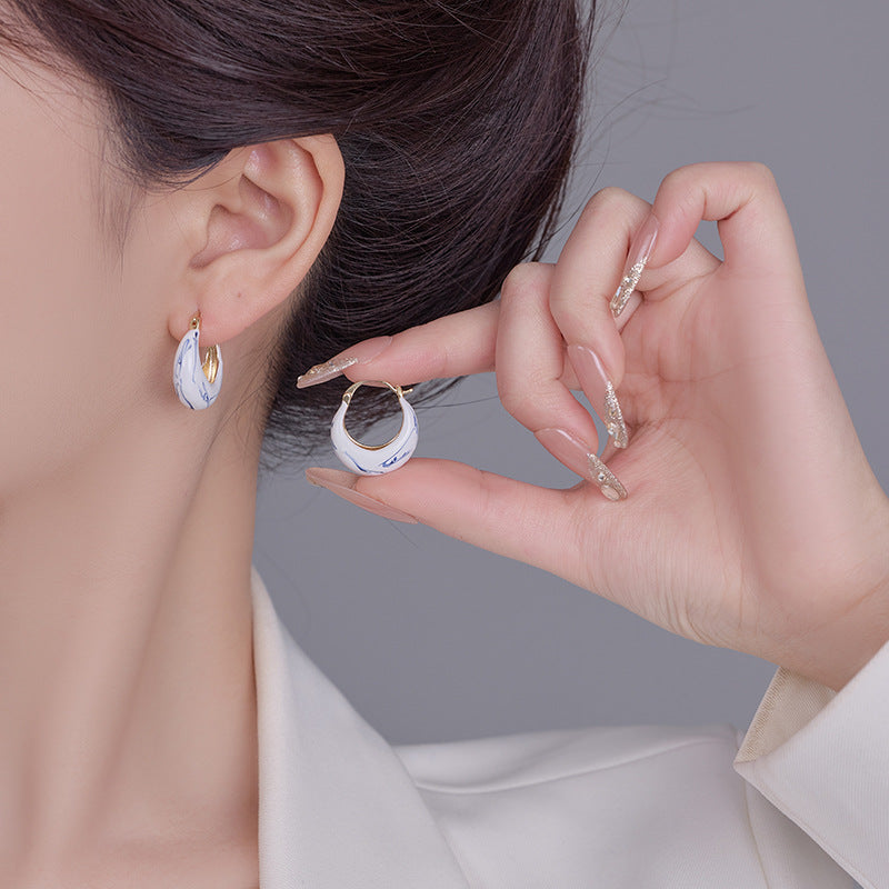Blue White Porcelain Hoop Earrings — white earrings, view 2