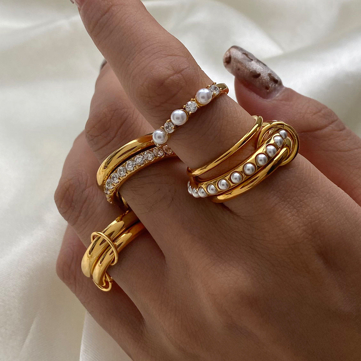 Layered Pearl-Style Zircon Ring — ring, view 4