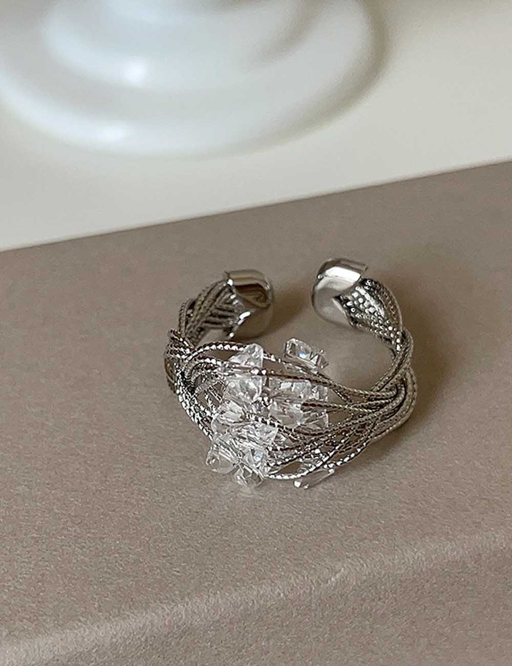 Wrapped Wire Crystal Open Ring — silver ring