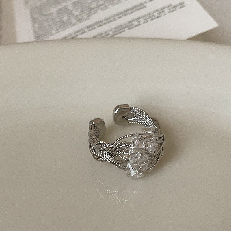 Wrapped Wire Crystal Open Ring — silver ring, view 2