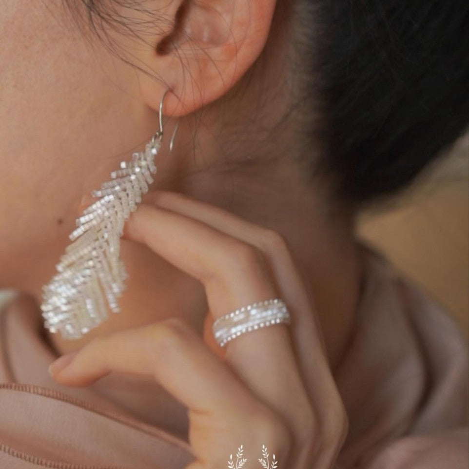 Beaded Feather Tassel Earrings — earrings, view 4