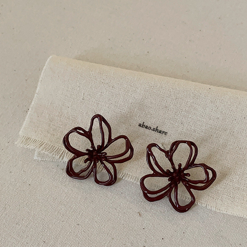 Hollow-Out Flower Stud Earrings — red earrings, view 2