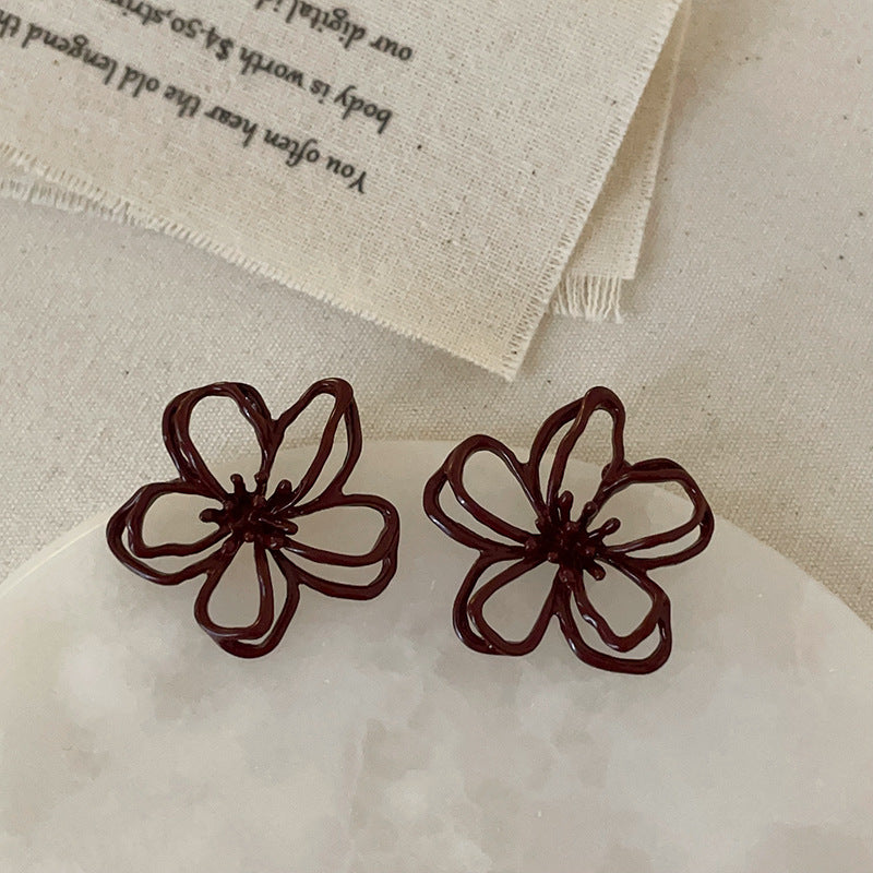 Hollow-Out Flower Stud Earrings — red earrings, view 3