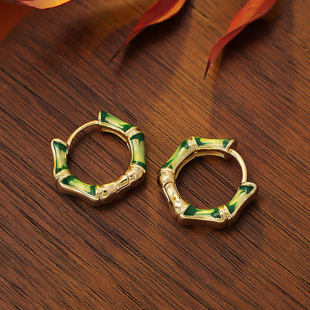Bamboo Enamel Hoop Earrings — green earrings, view 2