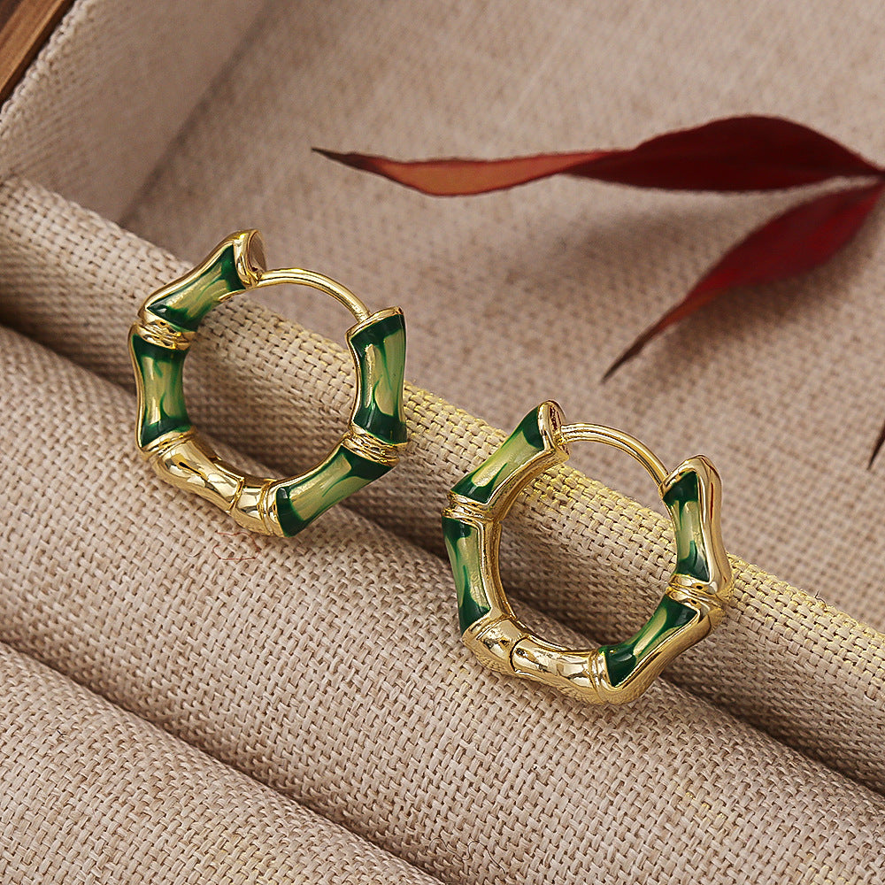 Bamboo Enamel Hoop Earrings — green earrings, view 3