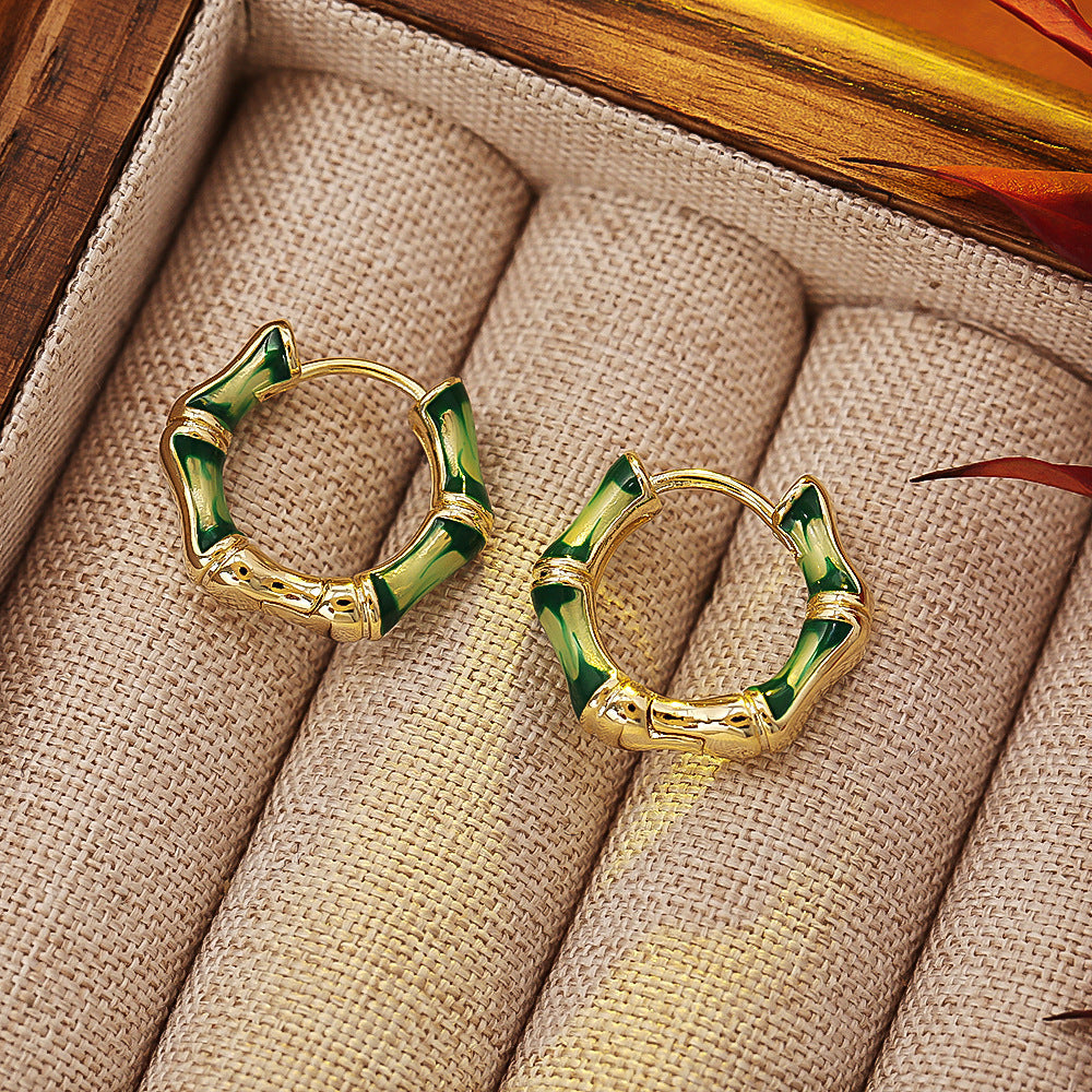Bamboo Enamel Hoop Earrings — green earrings, view 4
