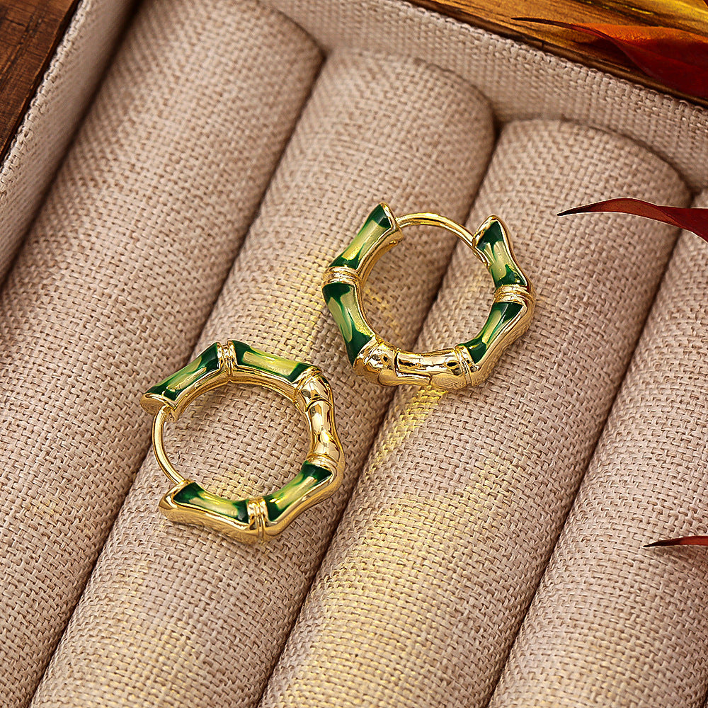Bamboo Enamel Hoop Earrings — green earrings, view 5