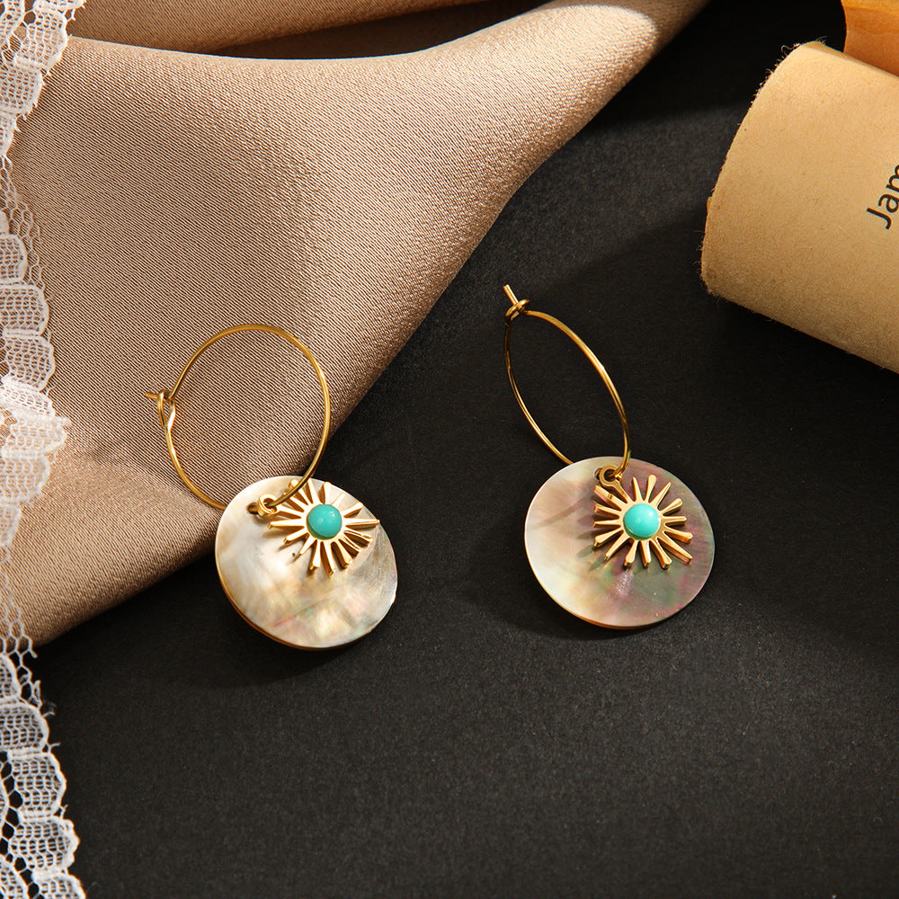 Sunburst Turquoise Shell Hoop Earrings — gold earrings, view 2