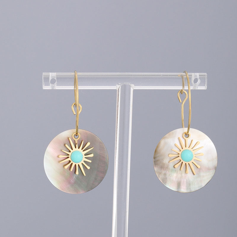 Sunburst Turquoise Shell Hoop Earrings — gold earrings, view 4
