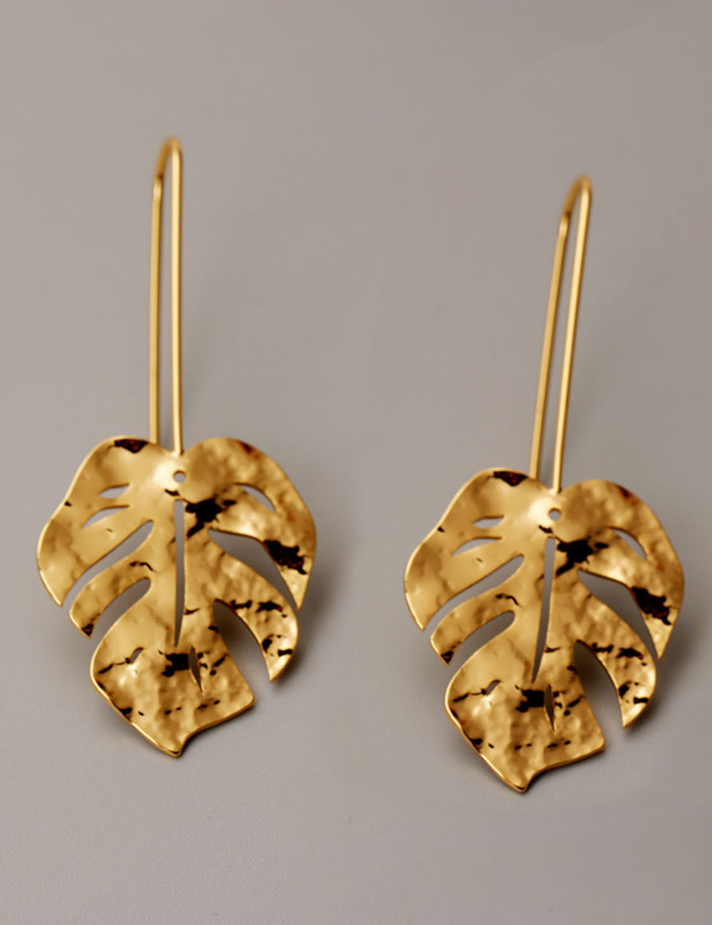 Monstera Leaf Drop Earrings — gold earrings, view 2