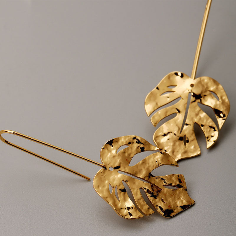 Monstera Leaf Drop Earrings — gold earrings, view 3