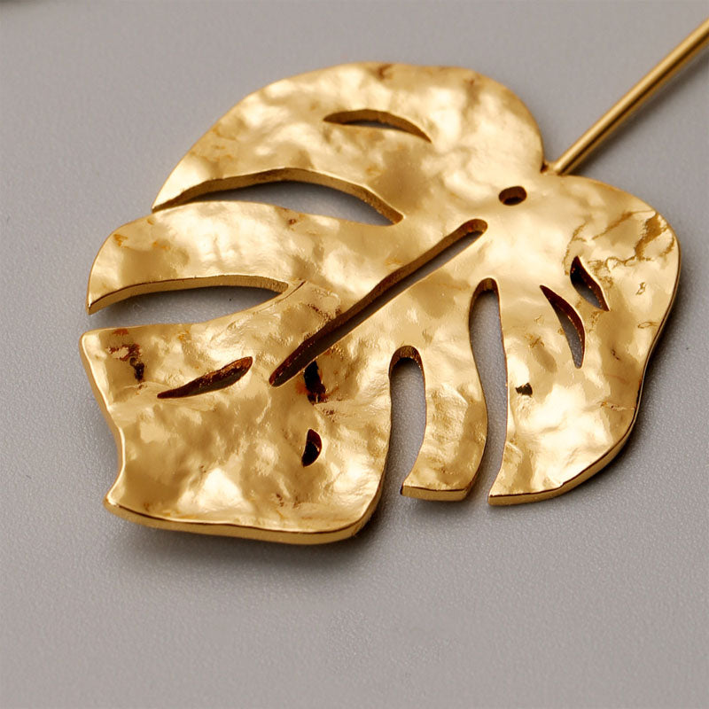 Monstera Leaf Drop Earrings — gold earrings, view 4