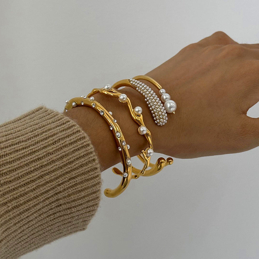 Pearl Open Bangle Bracelet — bracelet, view 2