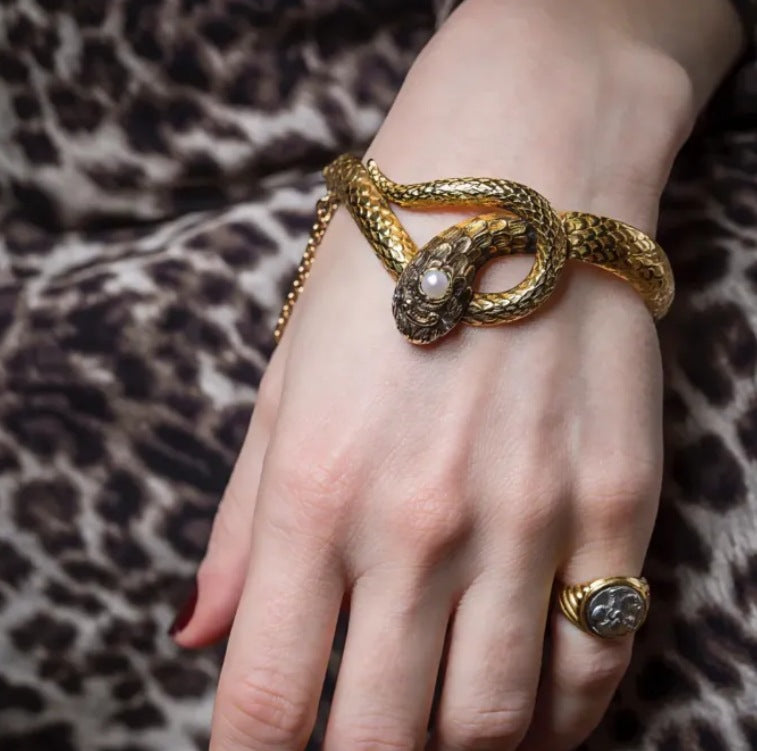 Gold Snake Bracelet with Pearl — gold bracelet, view 2
