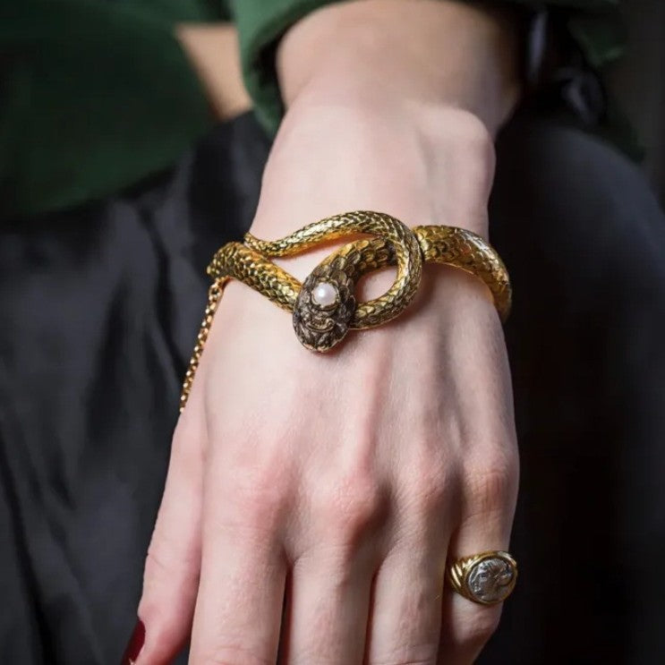 Gold Snake Bracelet with Pearl — gold bracelet, view 3