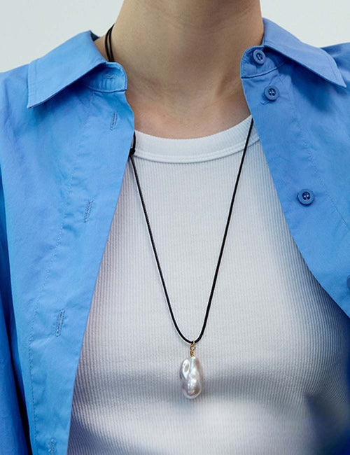 Baroque Bead Leather Cord Necklace — white necklace, view 2