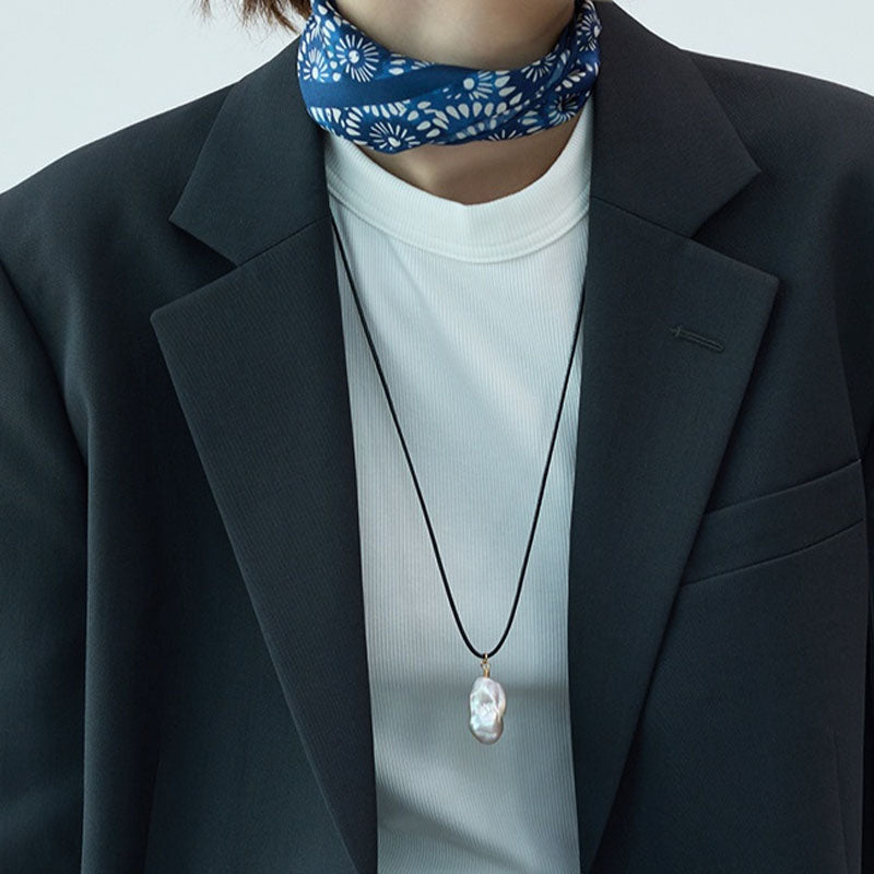 Baroque Bead Leather Cord Necklace — white necklace, view 3