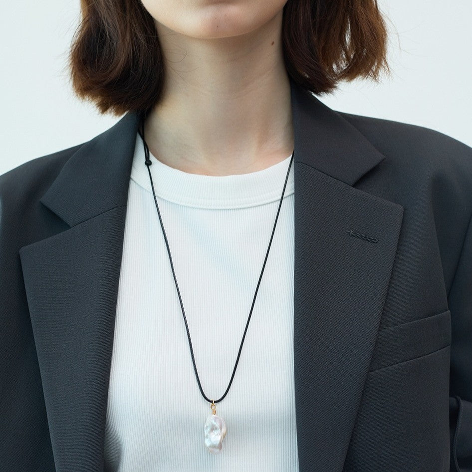 Baroque Bead Leather Cord Necklace — white necklace, view 4