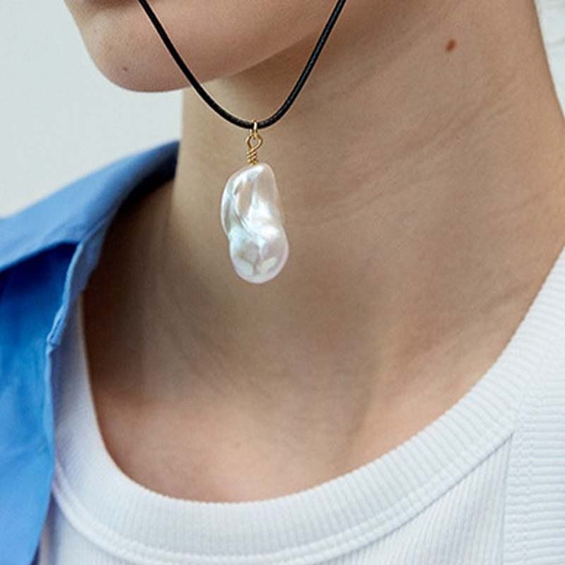 Baroque Bead Leather Cord Necklace — white necklace, view 5